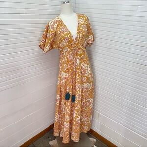 Omika Sohalia Gold Block Print Linen Blend Maxi Dress in Mustard
